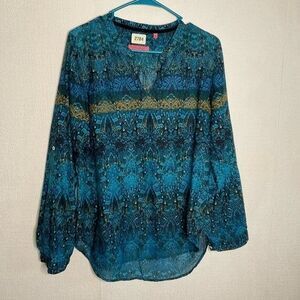 Van Den Bergh Blue Multi Ikat Boho Artsy Long Sleeve Y-Neck Blouse Women Size M